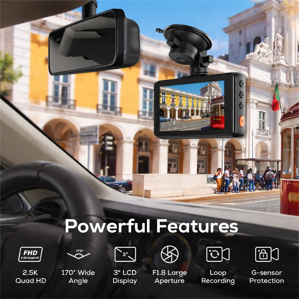 2.5K HD Front and Rear Cameras Dash Cam, 3” IPS, Night Vision, 1440P QHD, 170° Wide Angle, G-Sensor, 24H Parking Mode, Type C
