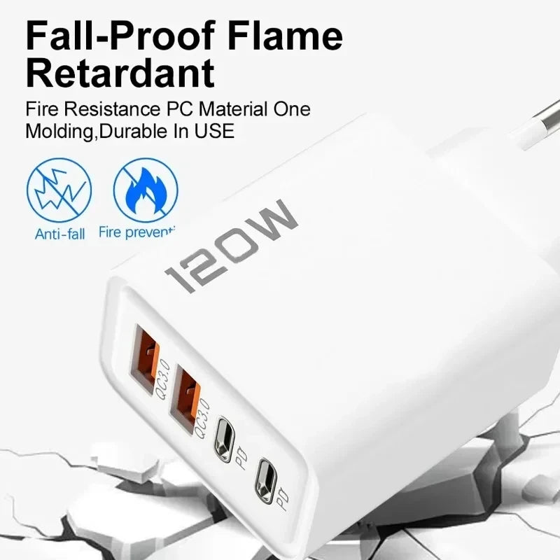 120W 4 Port USB Type C Charger Fast Charging Data Cable USB Phone Charger Adapter for Samsung iPhone Xiaomi Huawei Wall Charger