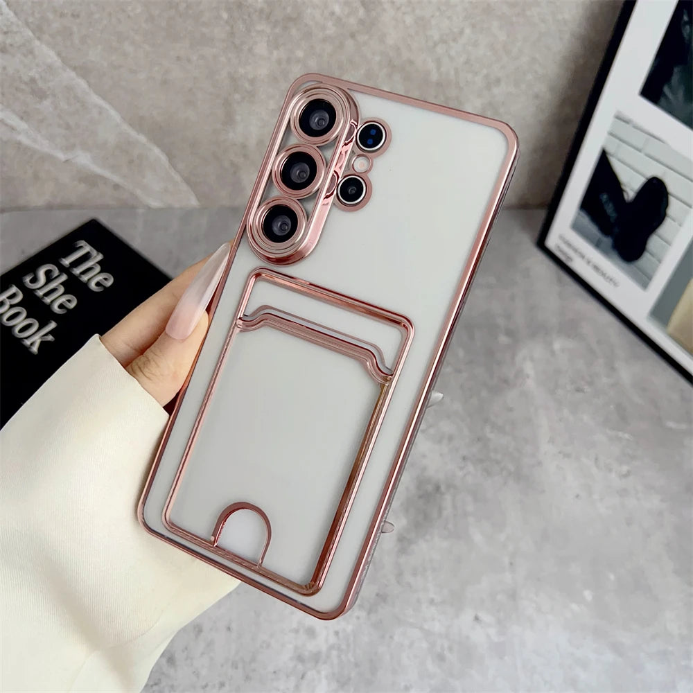 Card Pocket Wallet Clear Case For Samsung Galaxy S26 S25 Ultra S24 FE S23 S22 S21 Plus Ultra S26 Edge A55 A56 A26 Plating Cover