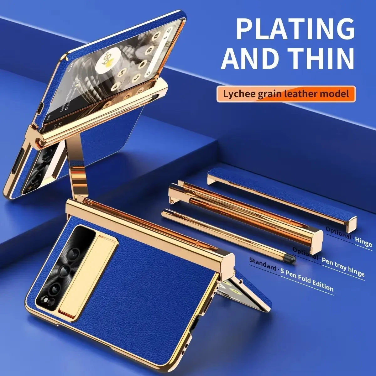 Phone case For Google Pixel Fold Plain Leather Plating Bracket Double Hinge with Pen Shell Film All-inclusive Protective Case
