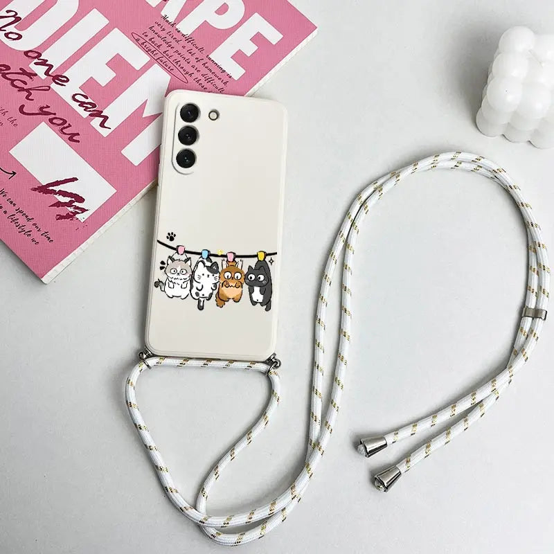 S23 Four Little Cat Lanyard Silicone Phone Case For Samsung S23 S24 S23FE S24Plus S23Ultra S22 S23Plus S22Plus S20 S21FE Cover