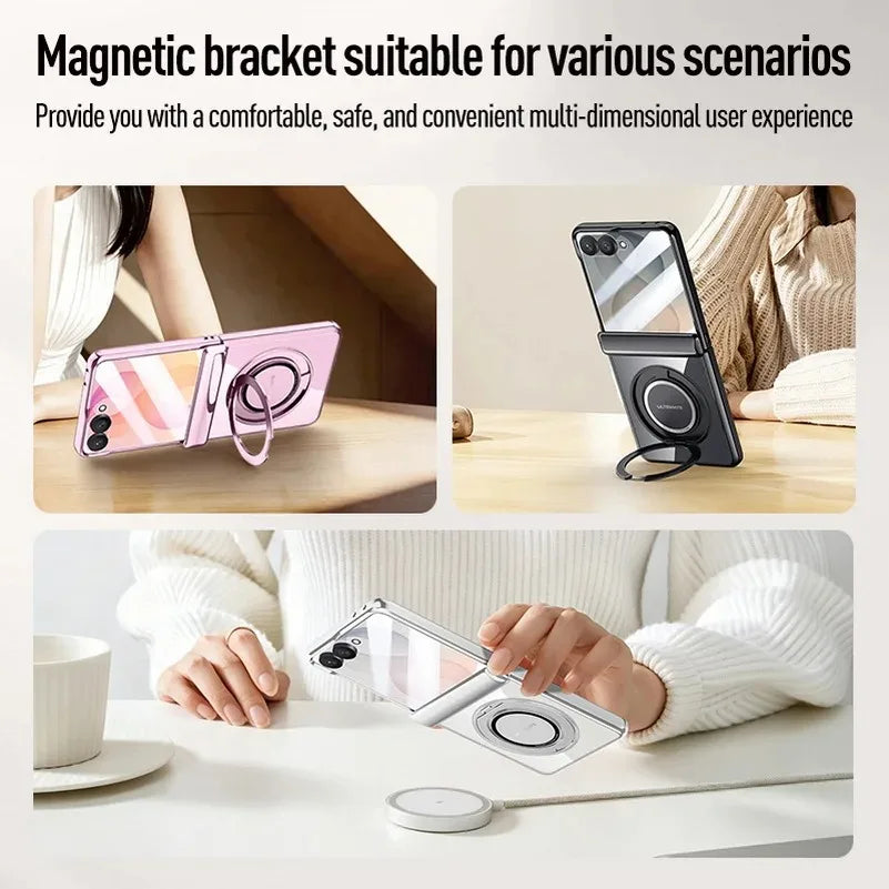 Premium Transparent Magnetic Snap-back Wristband Phone Case For Samsung Galaxy Z Flip 8 With Glass Screen Hinge Protection Cover