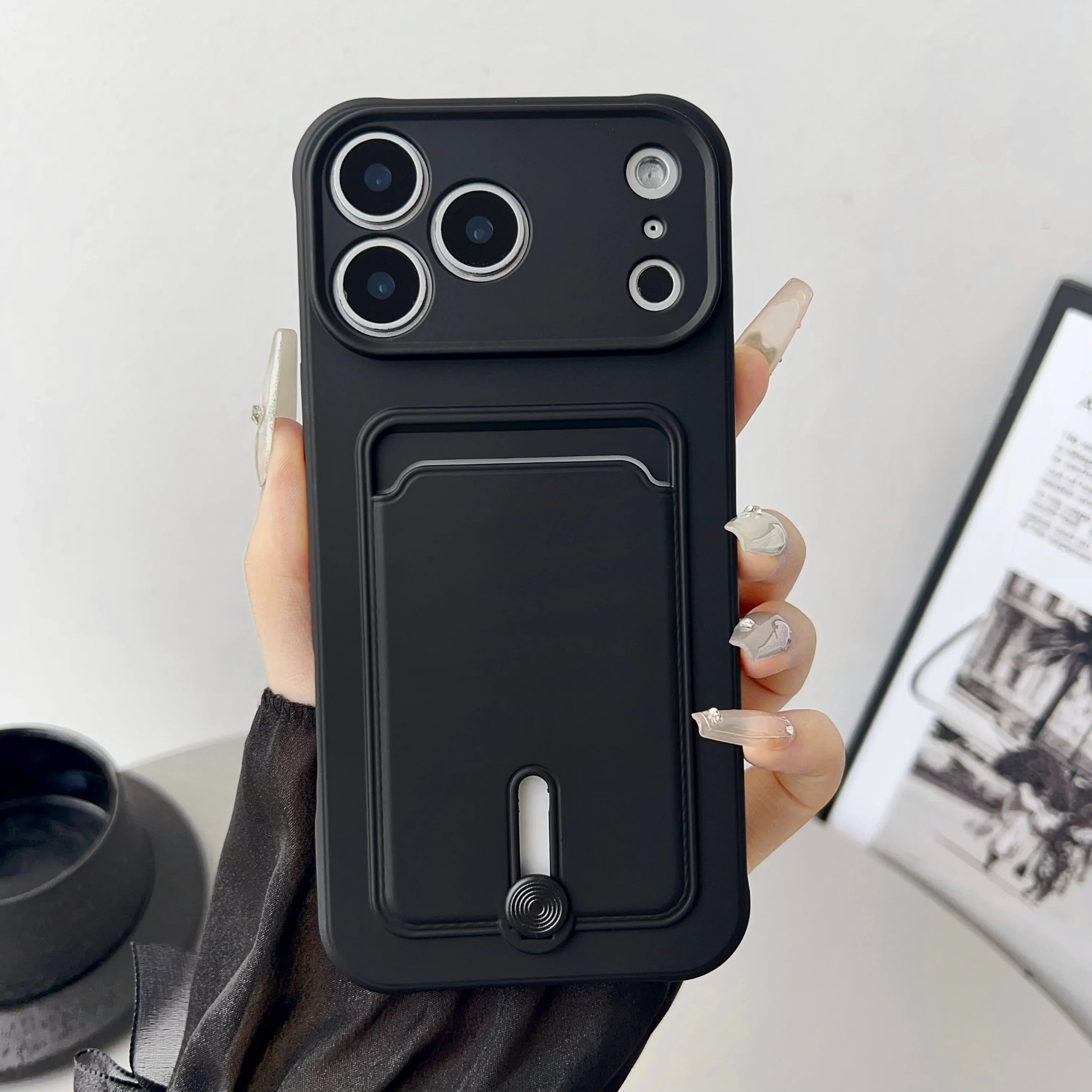 Fine hole sliding card holder silicone phone case for iPhone 17 17E 16E 16 15 14 13 12 11 Pro Max Air Mini shockproof soft Cover