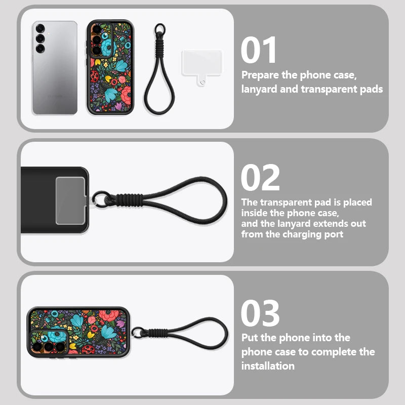 Romantic Garden Patterned Lanyard Phone Case For Samsung Galaxy S25 S24 FE S26 S24 S22 Ultra S23 Plus S25 Edge Soft Strap Cover