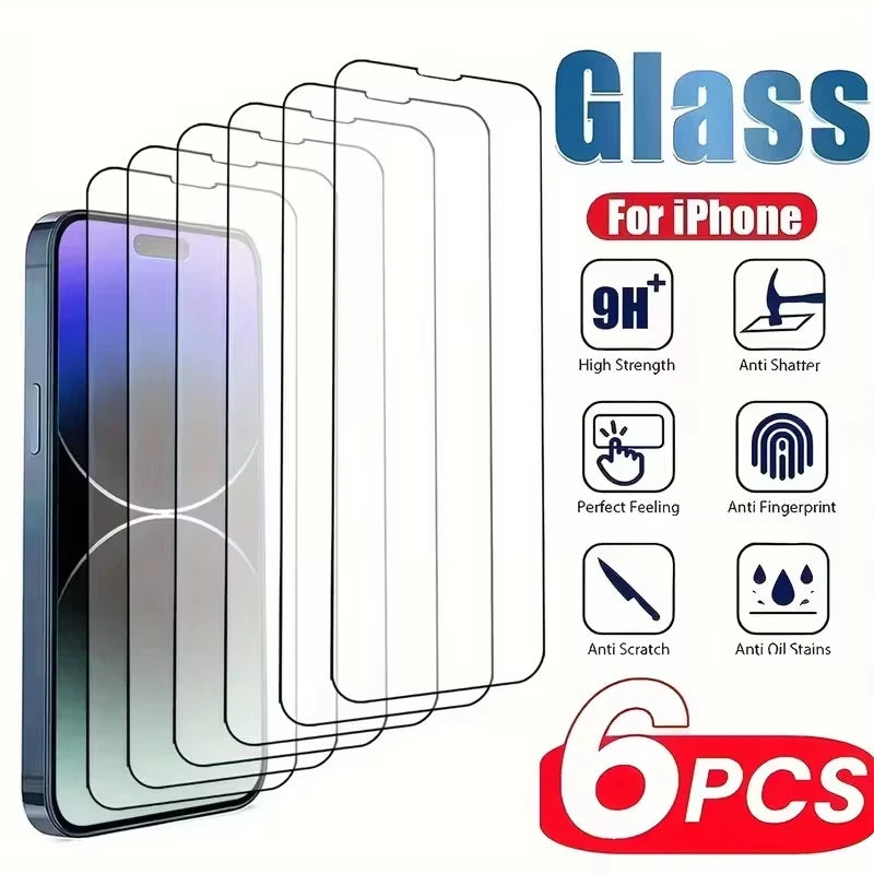 6Pcs Tempered Glass For iPhone 17 Air 18 16 15 14 13 12 11 Pro Max Mini Screen Protectors For iPhone 16e 13 Mini XS XR 7 8 Plus