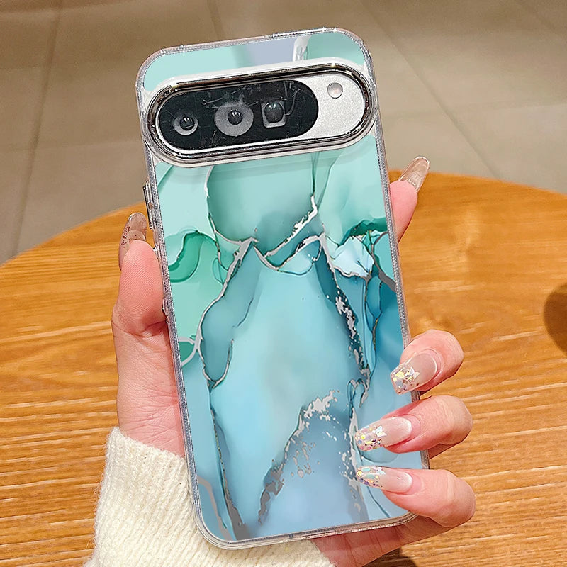 Colored Marble Print Phone Case For Google Pixel 10 9 Pro XL 10 9 8 7 Pro 9A 8A 7A Shockproof Plating Soft TPU Transparent Cover