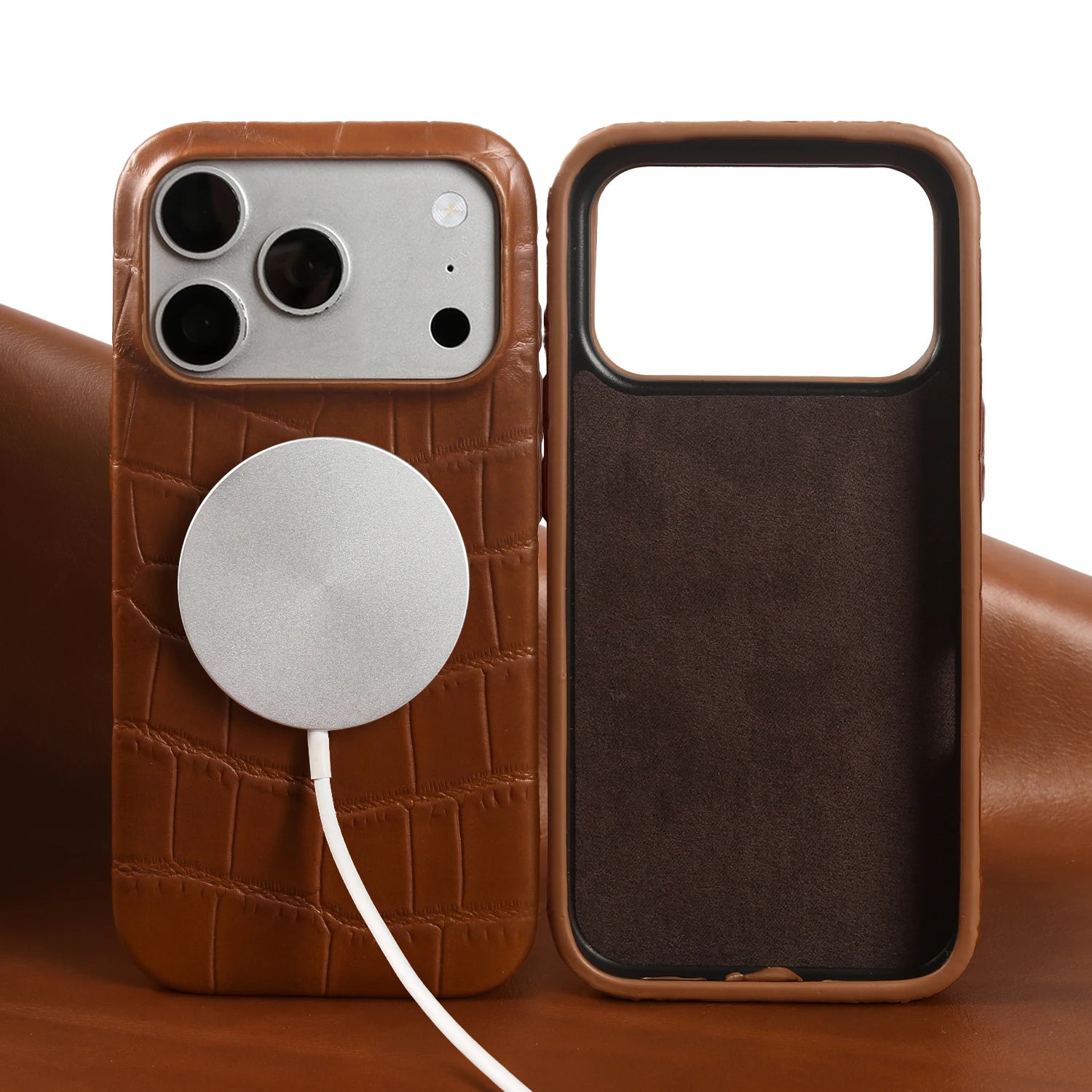 Crocodile Pattern Genuine Leather Phone Case Magnetic Charging Cover For iphone 17 Pro Max iphone Air 16 15 14 Cowhide BackShell