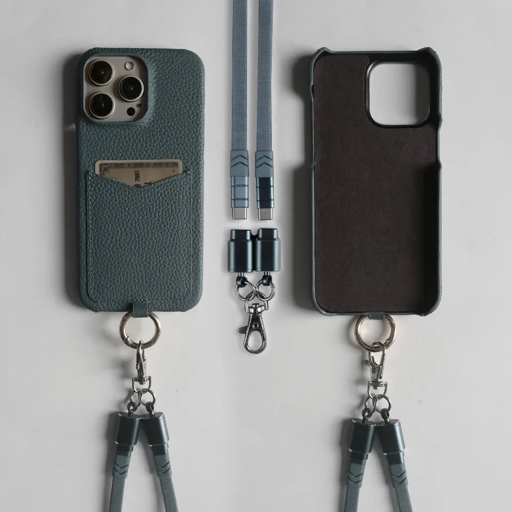 Multifunctional Charging Cable Lanyard Genuine Leather Case For iPhone 16 Pro Max 15Pro 11 13 12 14Pro Crossbody Strap Card Slot