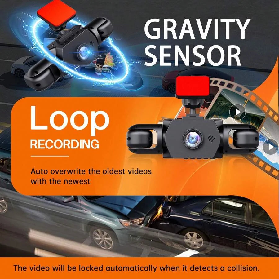 4-Channel 360° Panoramic Dash Cam, 4 Built-in Cameras, 2" IPS Display, Wide-Angle Night Vision, Loop Recording, 150mAh Battery