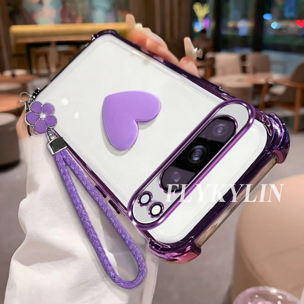 For Google Pixel 9 9A 9 10 Pro XL 10A 7 7A 8 8A 3D Love Transparent Protective Soft Shell Clover Hand Rope