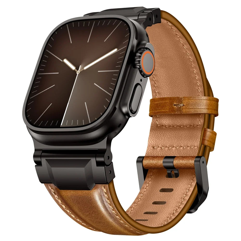Genuine Leather bands For Apple watch ultra 3 2 49mm 44mm 45mm 46mm NEW Mecha Design bracelet iWatch series 11 10 9 8 7 6 5 SE