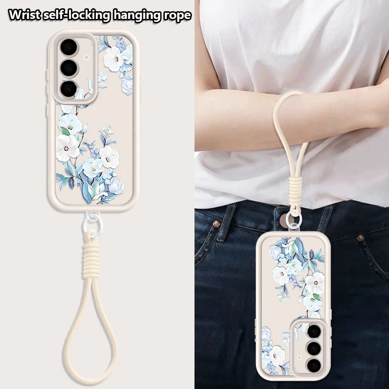 Romantic Garden Patterned Lanyard Phone Case For Samsung Galaxy S25 S24 FE S26 S24 S22 Ultra S23 Plus S25 Edge Soft Strap Cover