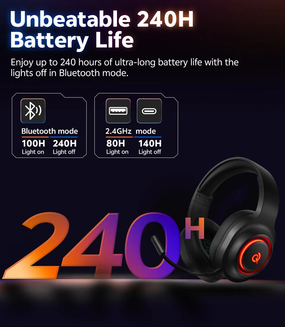 QCY Heroad V200 Gaming Headset with Mic Tri-Mode RGB Over Ear Headphones 7.1 Surround Sound 50mm Drivers for PC Headset Gamer
