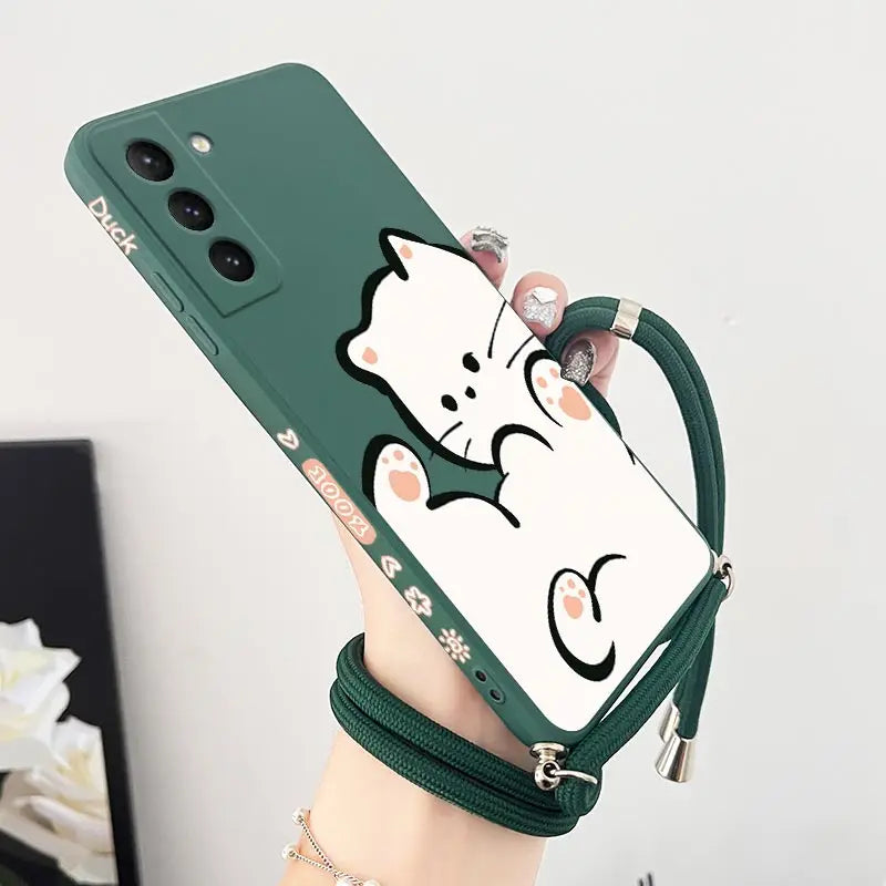 White Cloud Cat Crossbody Lanyard Silicone Phone Case For Samsung Galaxy S23 S23 Plus S22 S21 FE S21 S20 S9 Note 20 10 20 Cover