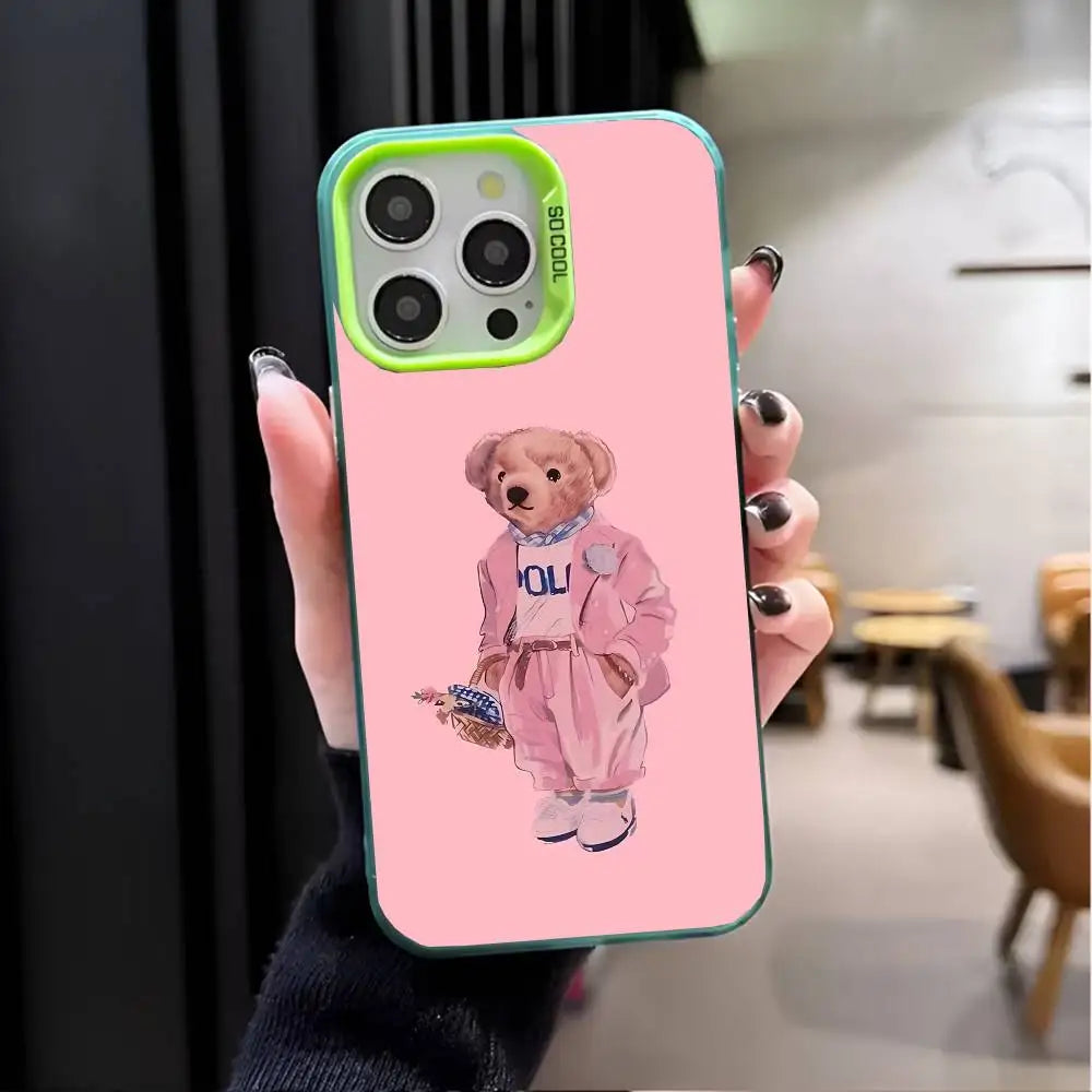 1PC Fashion Bear P-Polo Phone Case For IPhone 17 Air 16 15 14 13 12 11 Pro Max Plus Color Shockproof Back Silver Cove