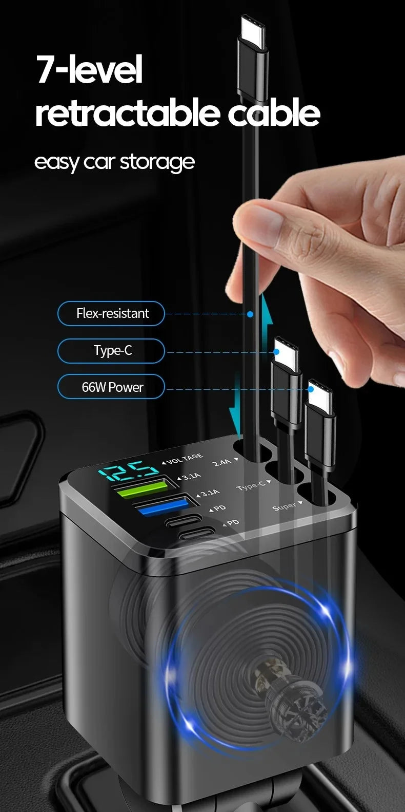 7 in 1 Car Charger Retractable USB C Cable Dual Type C Port Fast Charging Phone Adapter for iPhone Phone Car Cigarette Lighter