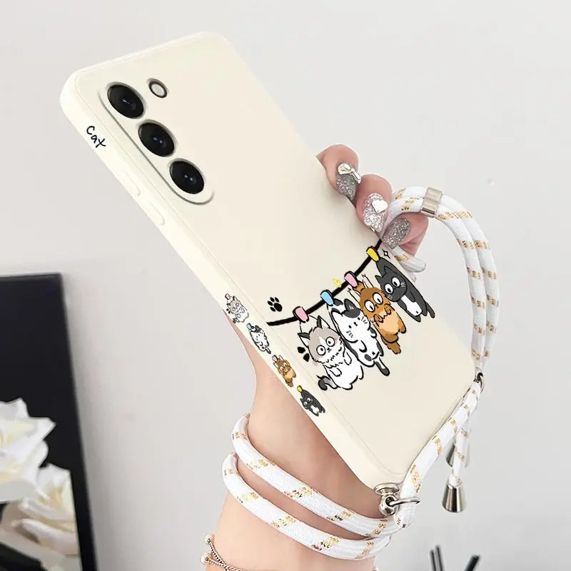 S23 Four Little Cat Lanyard Silicone Phone Case For Samsung S23 S24 S23FE S24Plus S23Ultra S22 S23Plus S22Plus S20 S21FE Cover