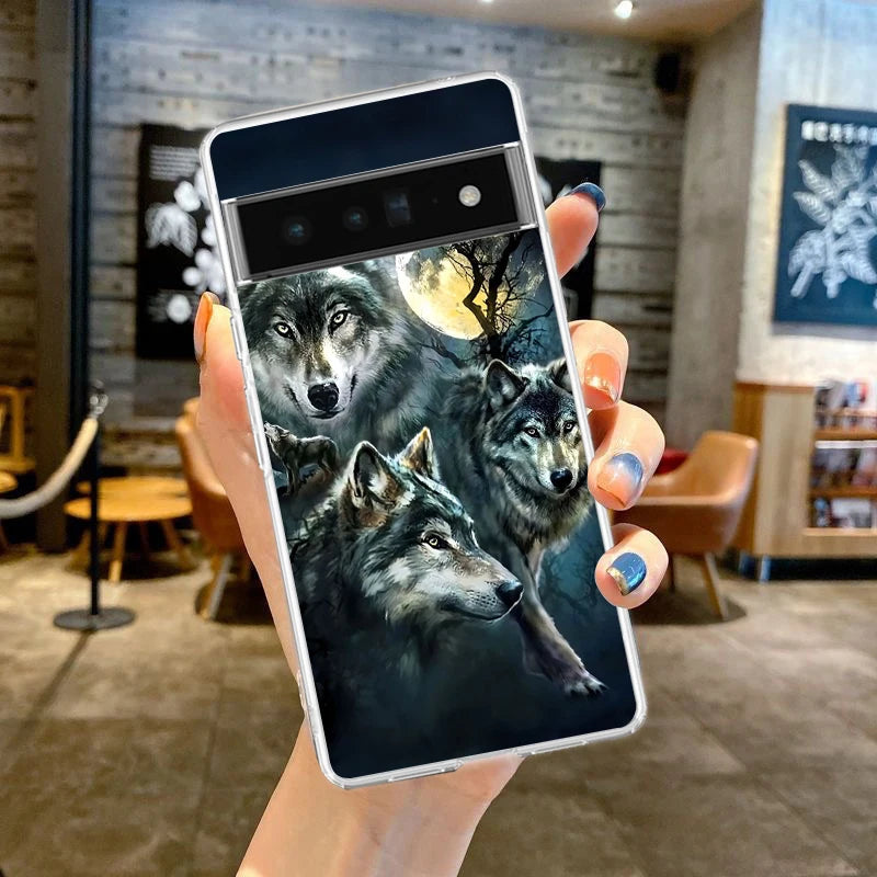 Phone Case Cover for Google Pixel 10 9 8 7 6 5 4 4XL Soft TPU 7A 6A 5A 4A 3A Pro XL 5G Transparent Shell Moon Roaring Wolf Capas
