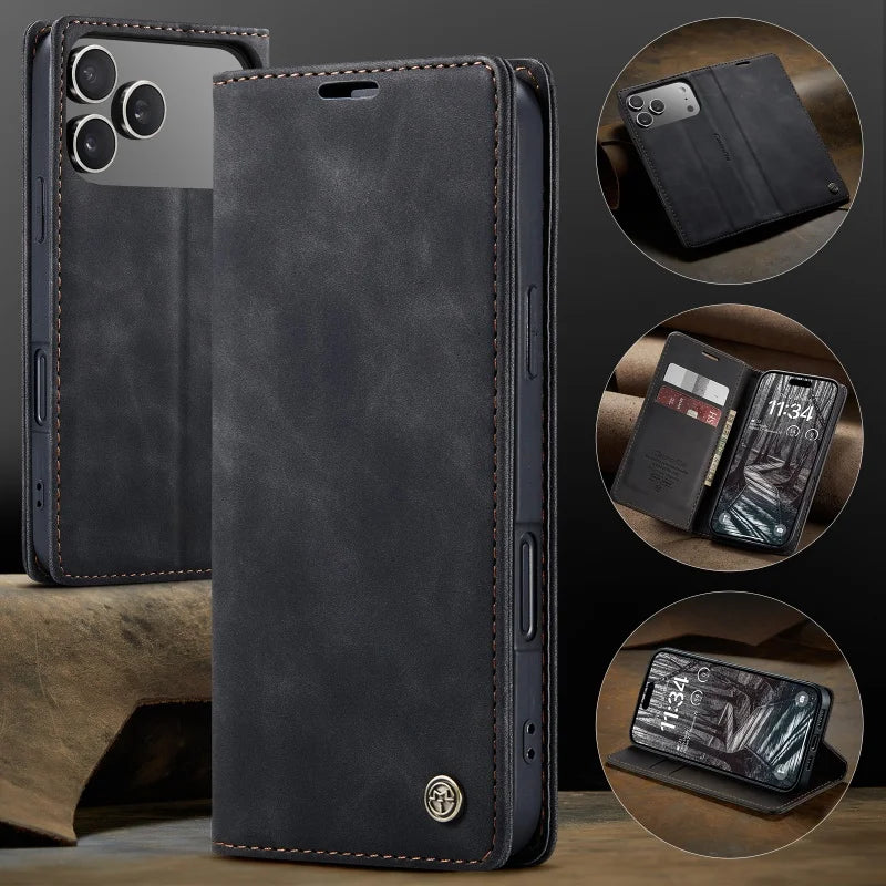 CaseMe Retro Magnetic Flip PU Leather Case for iPhone 17 Air 17 Pro 16 15 14 13 12 11 XS XR 8 7 6S 5 SE Wallet Cover Phone Coque