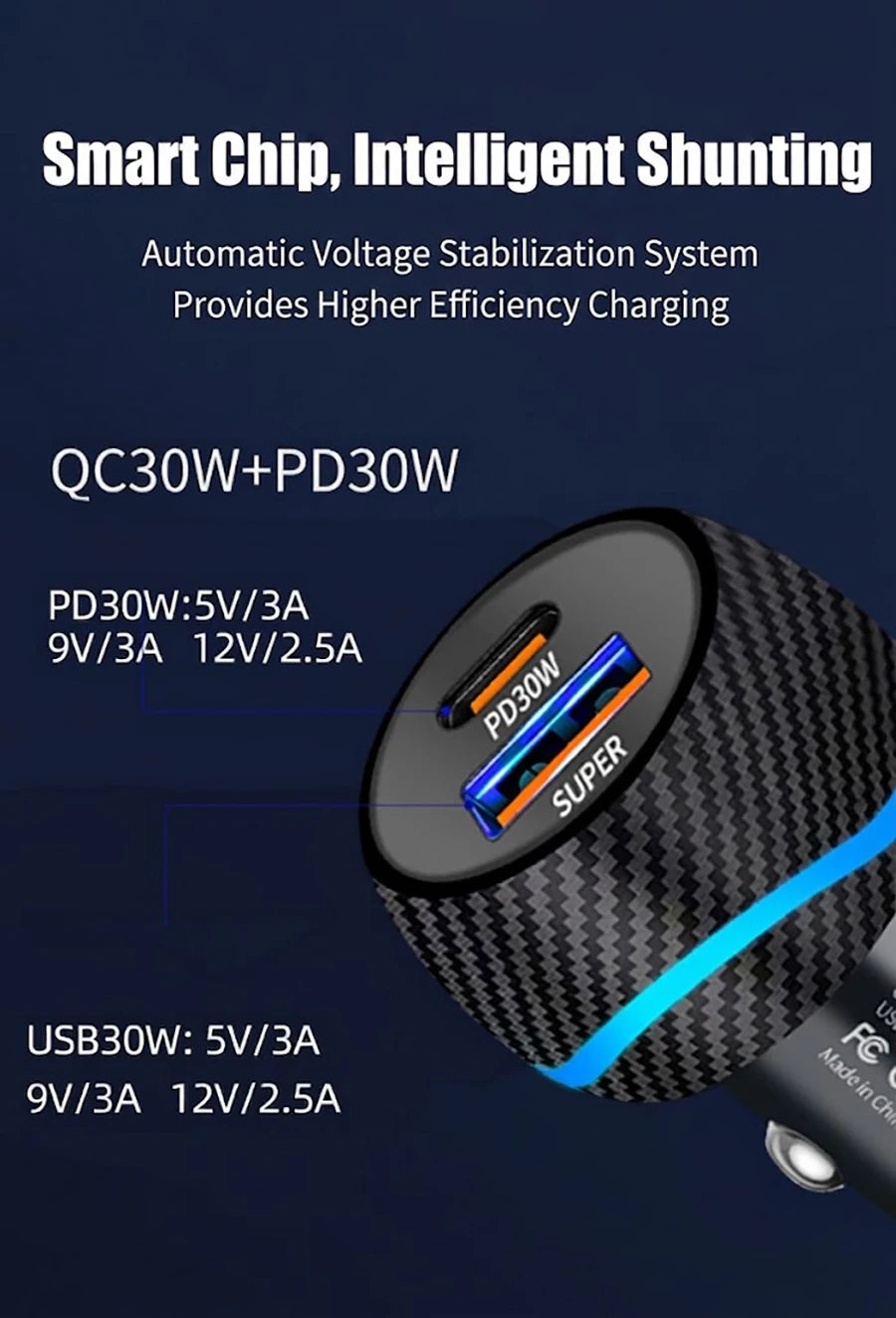60W Dual Port Car Charger Carbon Fiber Style USB C PD 30W QC 30W Fast Charging Auto Cigarette Lighter For iPhone For Samsung