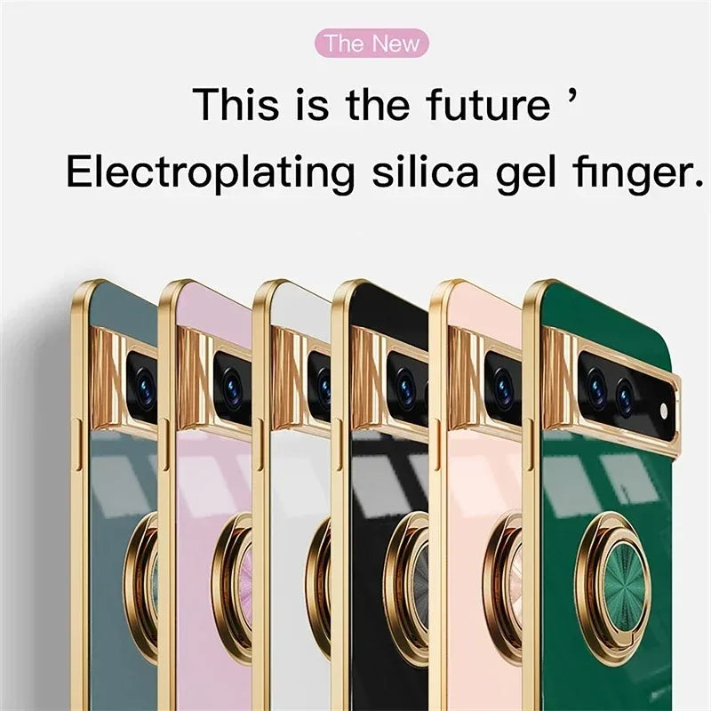 Stylish Plating Soft Silicon Shockproof Case for Google Pixel 10 9 8 7 Pro XL 9A 8A 7A Car Magnetic Ring Bracket Protect Cover