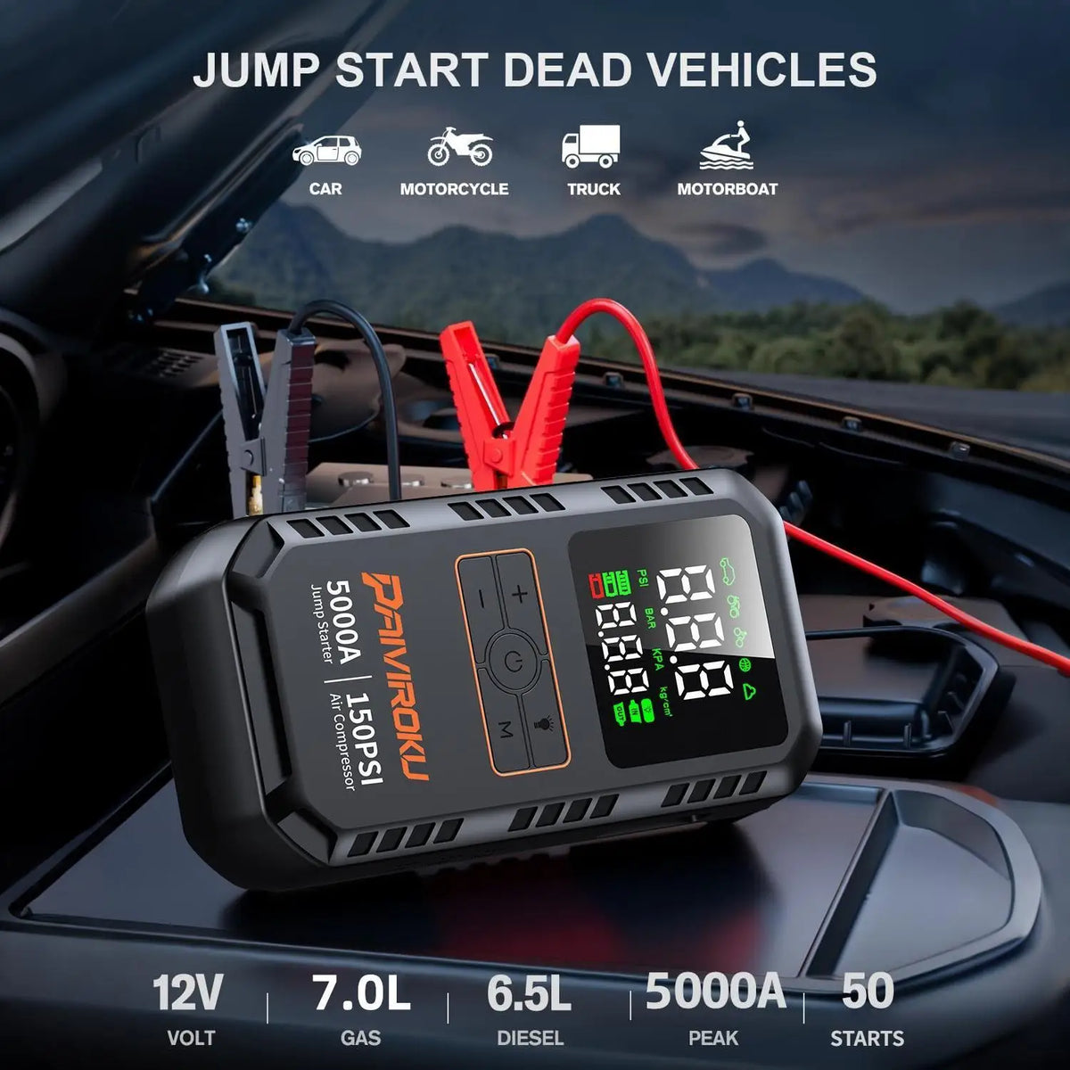 5000A Car Jump Starter with Air Compressor 150PSI Tire Inflator Auto Battery Booster Portable Jump Box