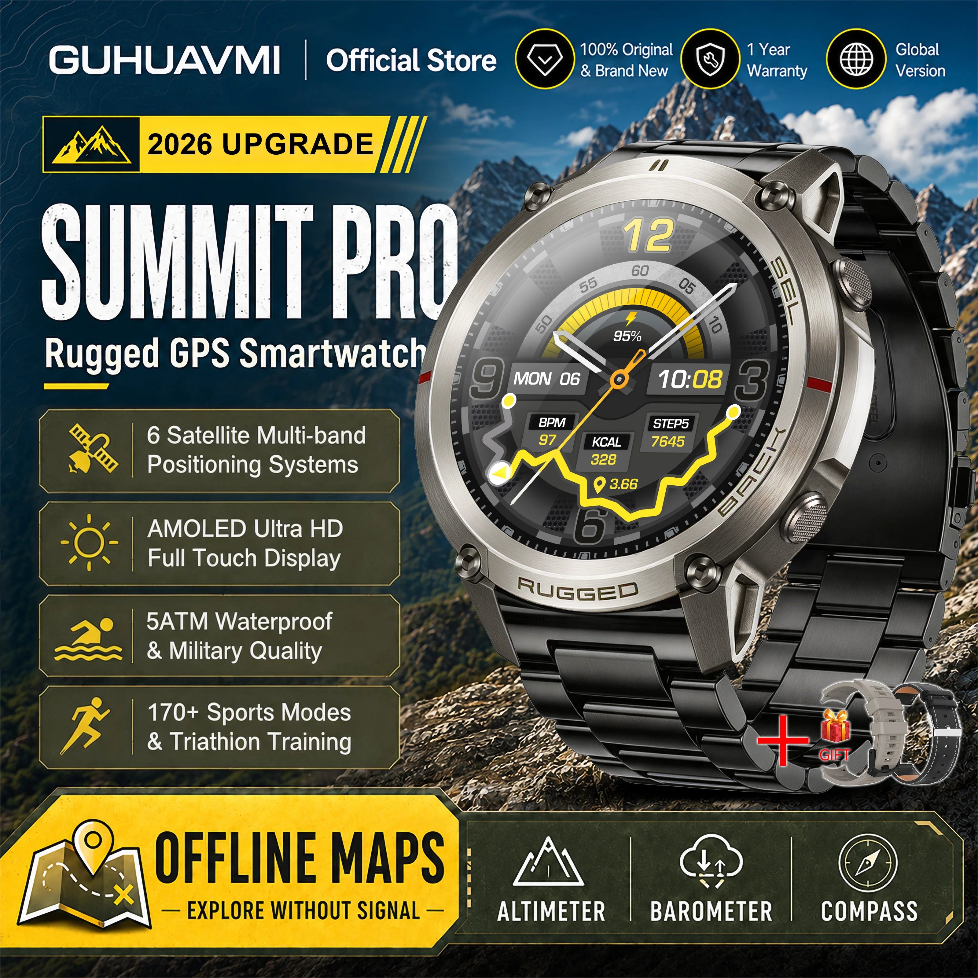2026 Military Satellite Offline Map GPS Smart Watch Men 1.43''AMOLED Bluetooth Call Compass 5ATM Waterproof 170+Sport Smartwatch
