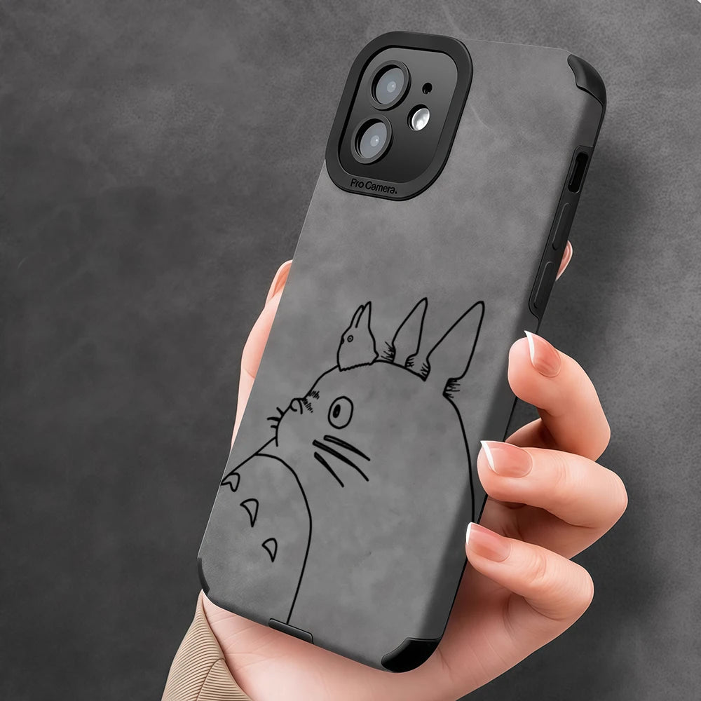 Luxury Leather Lambskin Shockproof Phone Case for IPhone 17 16 Pro Max Air 15 14 13 Max Totoro Line Sketch
