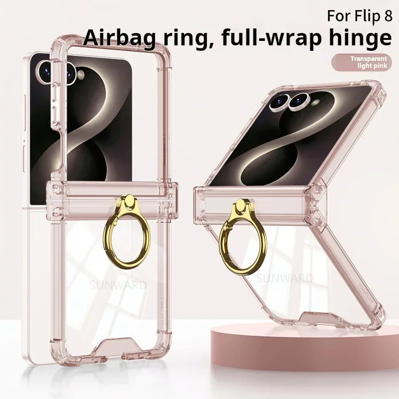 Luxury Ring Holder Airbag Hinge Protection Phone Case For Samsung Galaxy Z Flip 8 6 5 Z Flip7 FE Flip8 Antifall Shockproof Cover