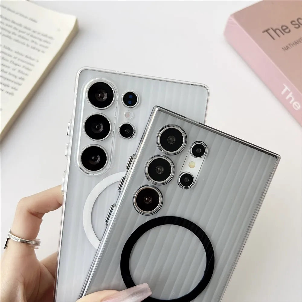 Matte Clear Corrugated Phone Case For Magsafe Samsung Galaxy S25 Ultra S24 S23 Plus Ultra Wireless Charging Magnetic Cover