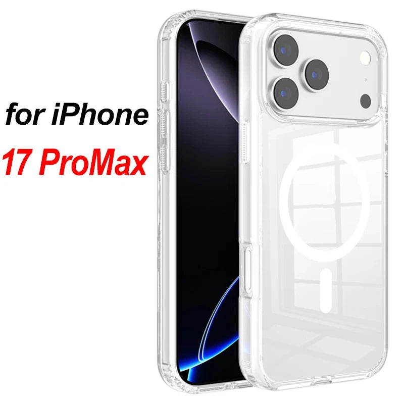 Luxury Magnetic Wireless Charge Clear Case for iPhone 17 Pro Max Air For Magsafe Back Cover Transparent Case