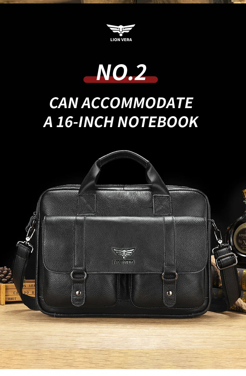 LION VERA Men's Genuine Leather Briefcase Business Casual Commuting Bag Portable Crossbody Shoulder Bag 15.7-inch Laptop Bag
