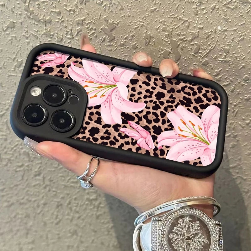 Pink Lily Flower Leopard Print Phone Case For iPhone 17 16 Pro Max 11 13 12 14 15 8 7 Plus XS XR X 16E 17E Shockproof TPU Cover