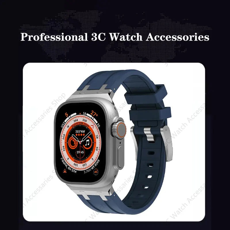 Titanium Color Metal Head Silicone Band for Apple Watch Ultra 2 49mm 45/44/42mm Rubber Strap for Iwatch Series 9 8 7 6 5 4 Se 3