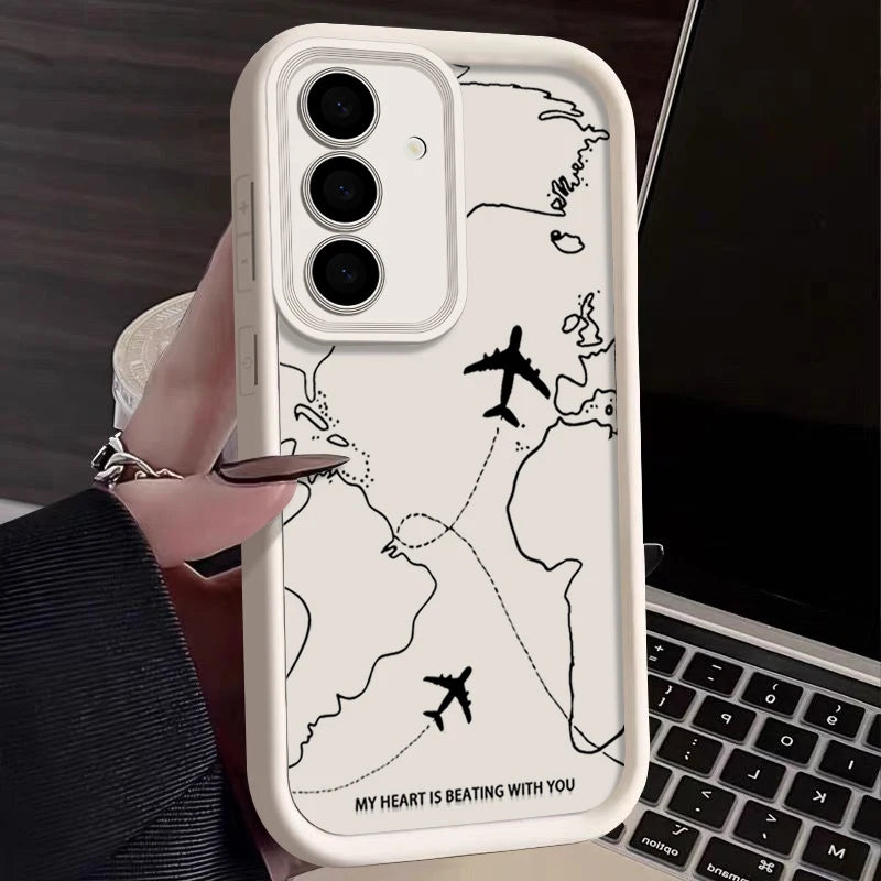Airplane Route Silicone Case For Samsung Galaxy S25 FE Edge S26 S24 S23 Ultra S22 Plus A57 A37 A17 A14 A15 A55 A56 A36 A26 Cover