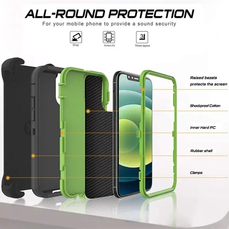 3 in 1 Military Armor Shockproof Phone Case For IPhone 16 15 14 13 12 11 Pro Max 14Plus XS XR Otter Case Box Belt Clip Cover