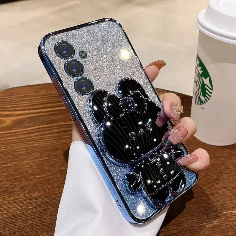 Glitter Mirror Rabbit Stand Case For Samsung A07 A17 A56/36/26/16/06/55/35/25/15/05S S25 FE S24 S23 Ultra Plus Shockproof Cover