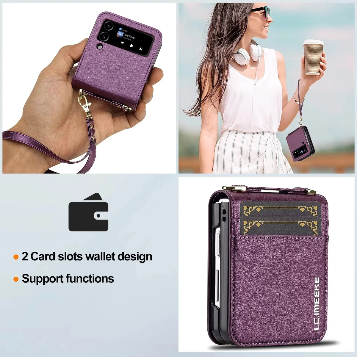 Luxury Crossbody Cards Solt Wallet Leather Case for Samsung Galaxy Z Flip 8 Flip7 Flip 6 5 4 Hand Strap Lanyard Pocket Cover