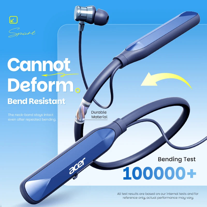 Acer Ohr811 Neck-Mounted In-Ear Wireless Headphones, Bendable Memory Neckband, Stereo Surround Sound, 20-Hour Long Battery Life, High-Definition Calls, Lightweight and Stable, Suitable for Fitness and Running