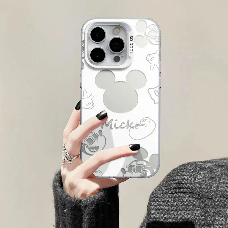 Disney Mickey Minnie Mouse Head Phone Case For IPhone 14 15 16 17 Pro Max Plus 12 13 Mini 16E Casing Hard IMD Silver Laser Cover
