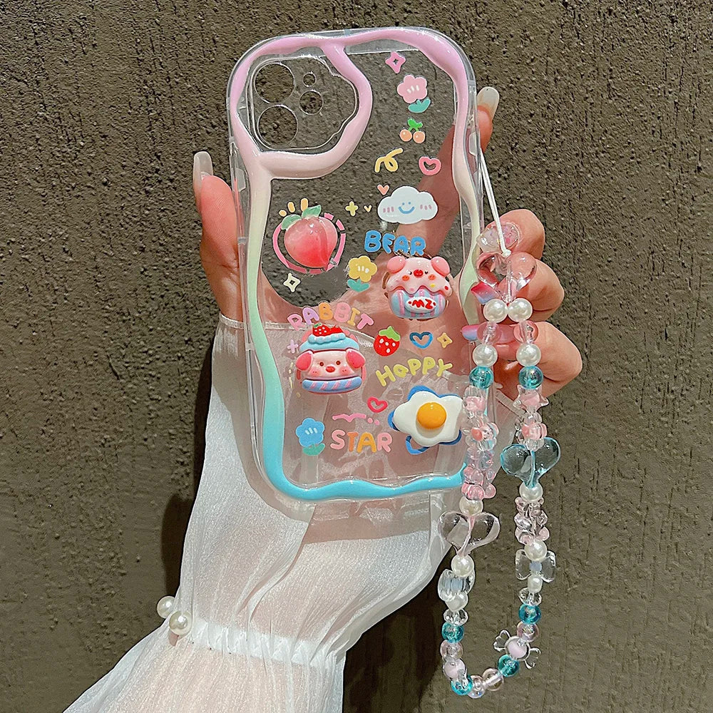 Cute 3D Pig Bracelet Wrist Chain Lanyard Clear Soft Phone Case For iPhone 17 16 13 14 15 Pro Max 11 12 XR XS X 7 8 Plus SE Cover