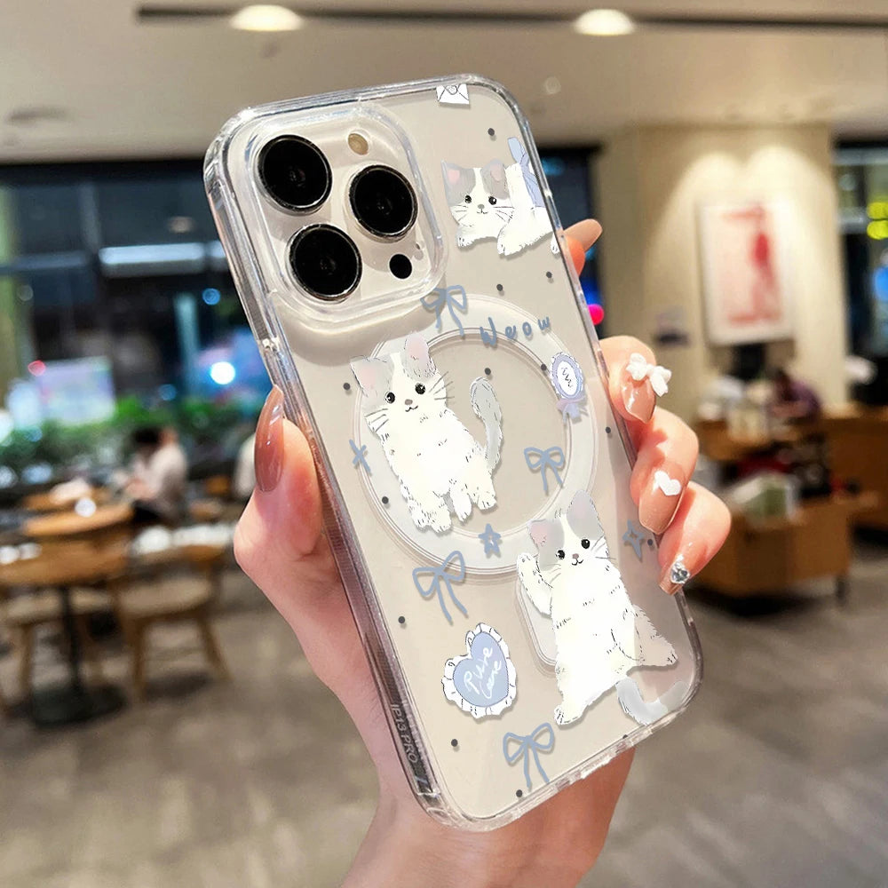 Cute Cat For Magsafe Wireless Charger Case For iPhone 17 16 15 14 11 12 13 Pro Max 17 Air Magnetic Shockproof Clear Phone Cover