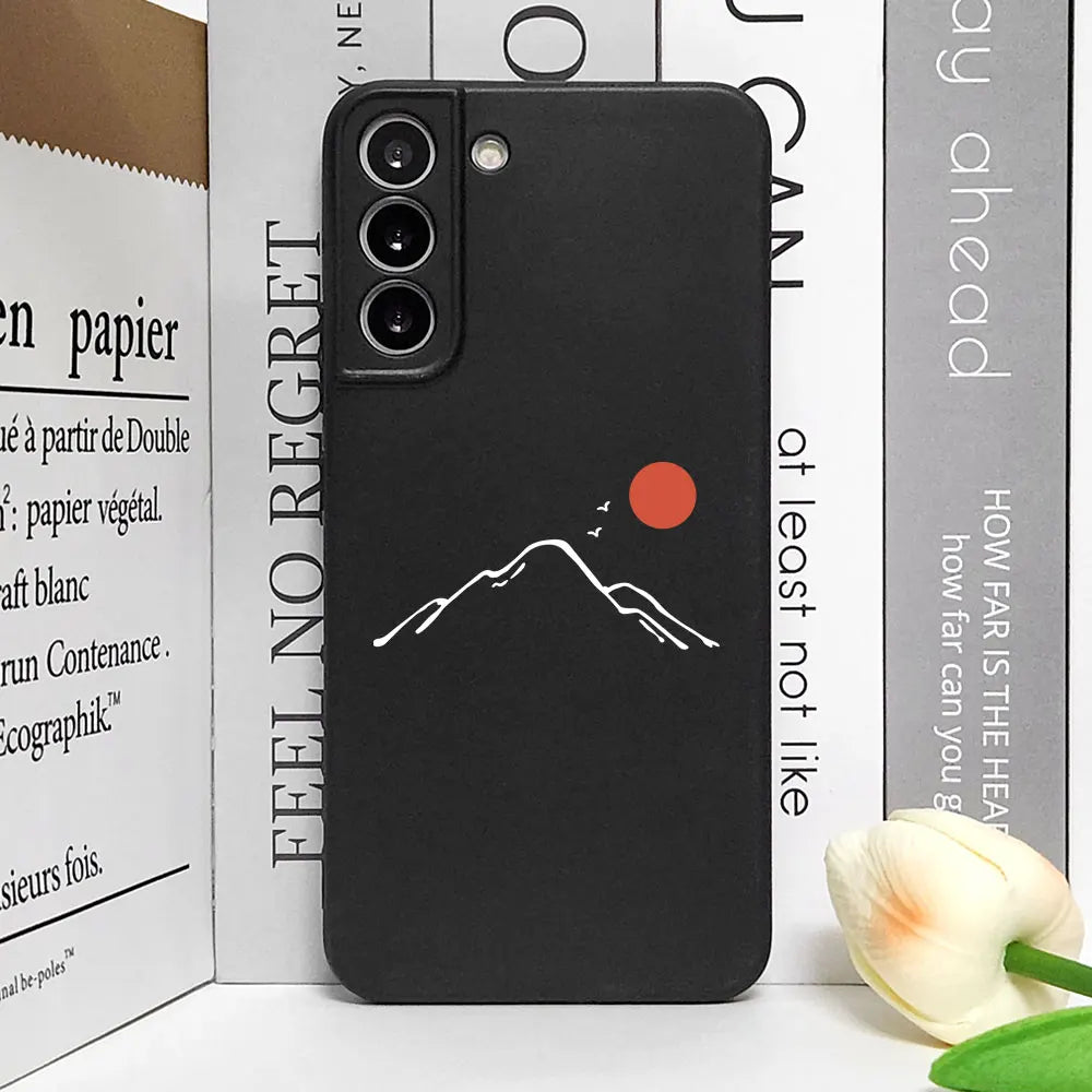 Simple Sun Moon Mountain Couples Painted Phone Case For Samsung Galaxy S23 S24 S25 Ultra S22 S21 S20 Plus FE A15 A54 A55 Cover