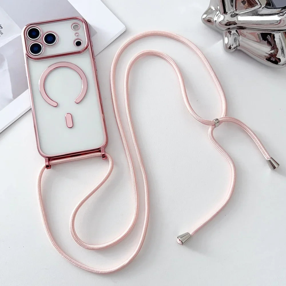 Luxury Necklace Cord Rope Lanyard Plating Magnetic Clear Phone Case For iPhone 17 Air 16 14 12 13 15 Pro Max For Magsafe Cover