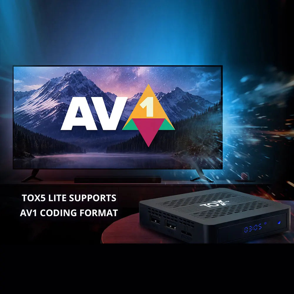 TOX5 Lite Android 14 2GB 32GB Smart TV Box with S905X5M Dual Wifi 1000M LAN BT4.1 Support H.265 4K 60fps DLNA Media Player