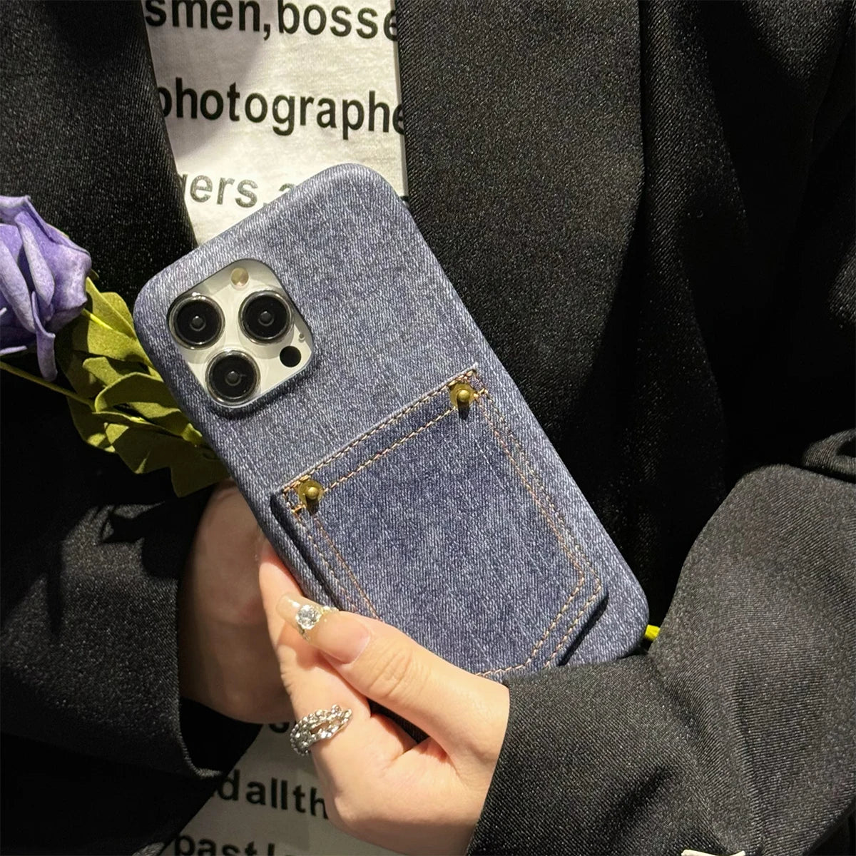 Luxury Denim Leather Card Bag Case For iPhone 15 14 13 12 11 Pro Max