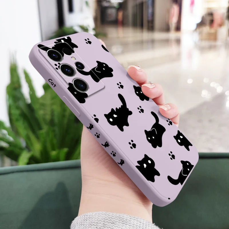 Nifty Black Cat Phone Case For Samsung Galaxy S25 S24 S23 S22 S21 S20 Ultra FE S10 S10E Plus Note 20 Ultra Silicone Cover