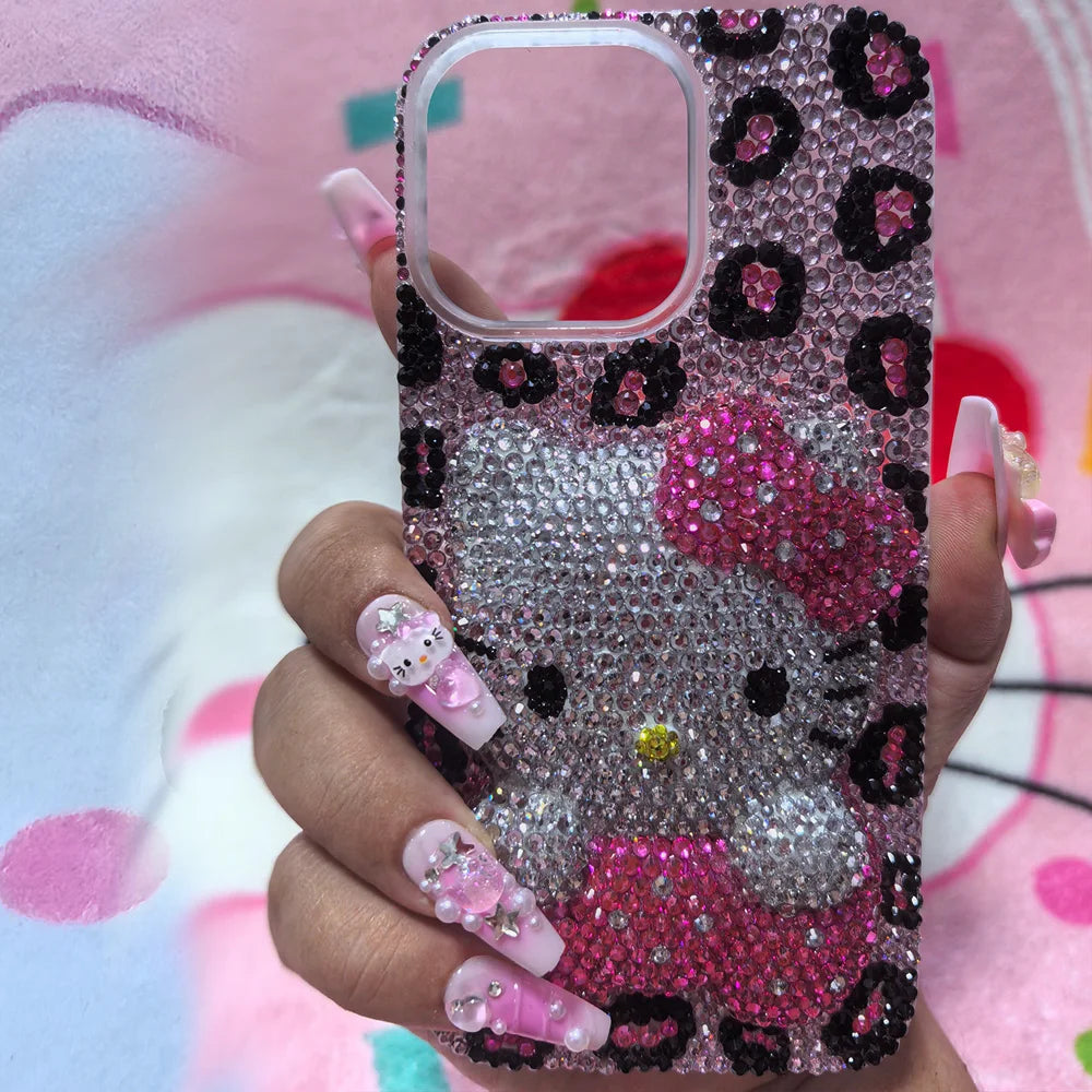 Kawaii Hello Kitty Rhinestone Bling Crystal Phone Case Chain for Iphone 7 8 17 16 15 14 13 12 11Pro Max Plus Shockproof Cover