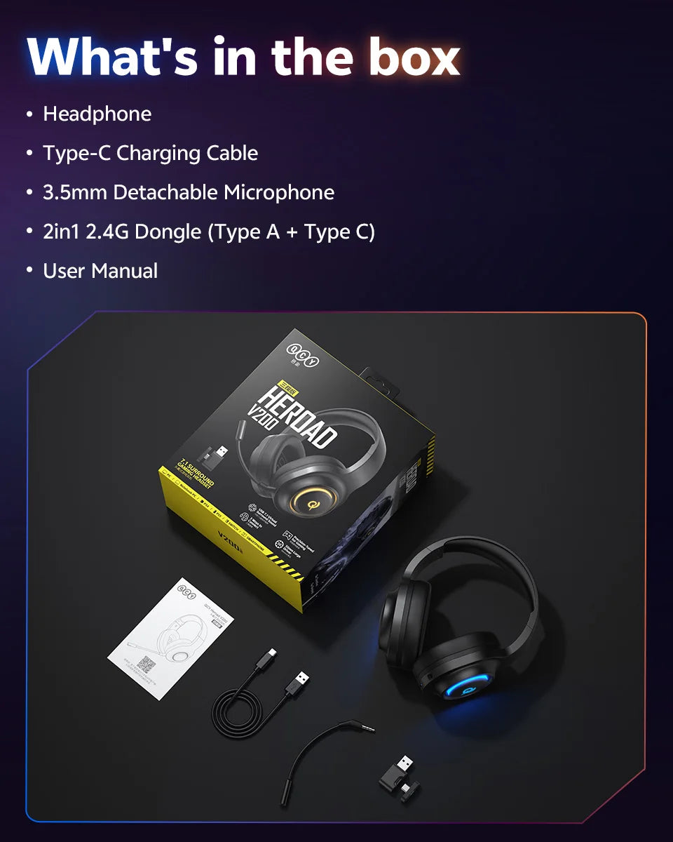 QCY Heroad V200 Gaming Headset with Mic Tri-Mode RGB Over Ear Headphones 7.1 Surround Sound 50mm Drivers for PC Headset Gamer