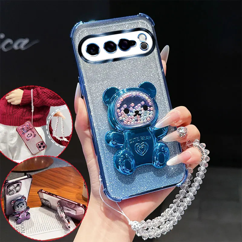 4 Corner Shockproof Phone Case with Cute 3D Bear Stand Crystal Chain Lanyard Glitter For Google Pixel 9 8 10 7 Pro XL Back Cover